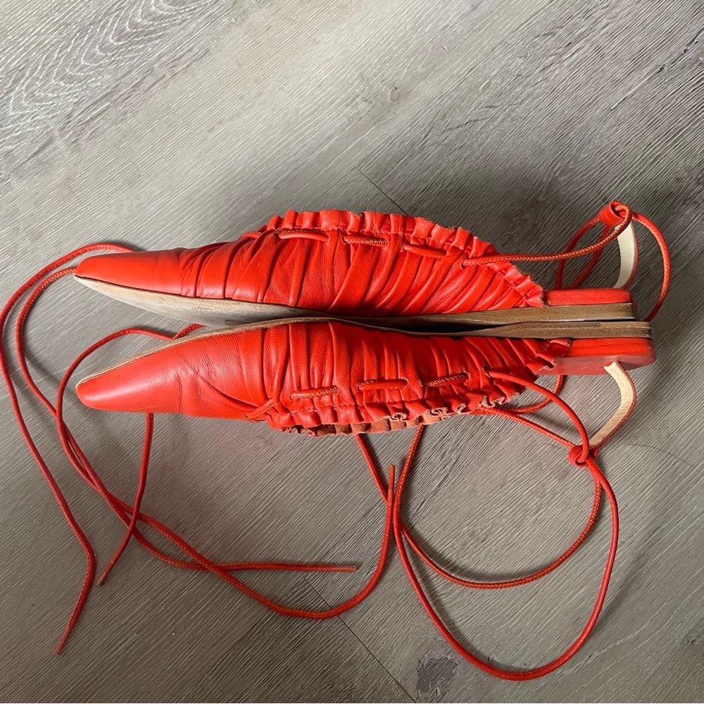 Tibi Sergei Flats Orange Red Lace Up Pointed Flat in Ruby - Picture 8 of 9